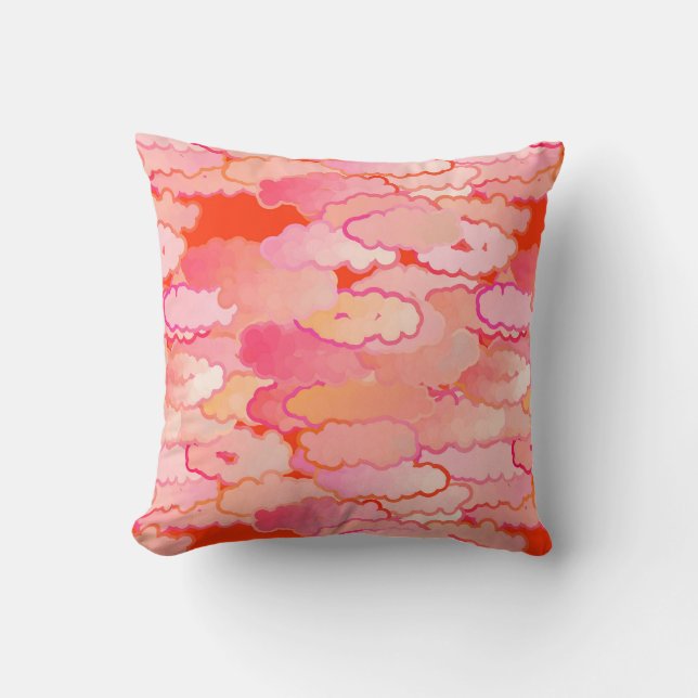 Japanese Clouds, Sunset, Coral, Fuchsia, Pink Cushion (Front)