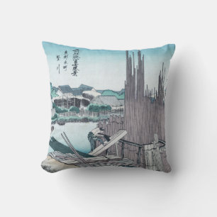 Japanese Construction Woodwork Ukiyo-e by Hokusai Cushion