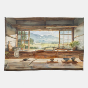 Japanese Countryside Kitchen with Rice Field View  Tea Towel