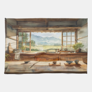 Japanese Countryside Kitchen with Rice Field View Tea Towel