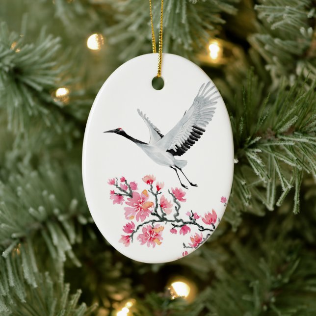Japanese Crane and Cherry Blossom Christmas Ceramic Tree Decoration (Tree)