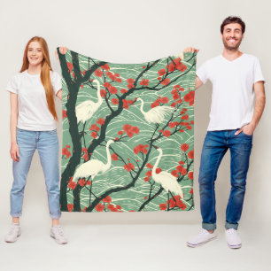 Japanese Crane and Cherry Blossom - Oriental Art Fleece Blanket