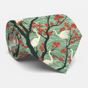 Japanese Crane and Cherry Blossom - Oriental Art Tie