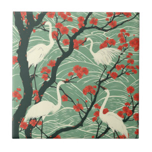 Japanese Crane and Cherry Blossom - Oriental Art Tile