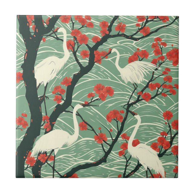 Japanese Crane and Cherry Blossom - Oriental Art Tile (Front)