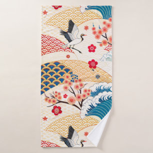 Japanese Crane and Cherry Blossom Waves Bath Towel