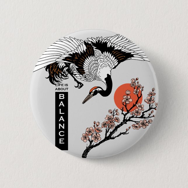 Japanese crane bird and blooming sakura 6 cm round badge (Front)