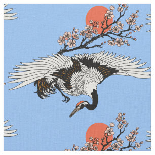 Japanese crane bird and blooming sakura fabric