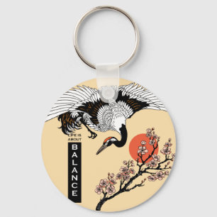 Japanese crane bird and blooming sakura key ring
