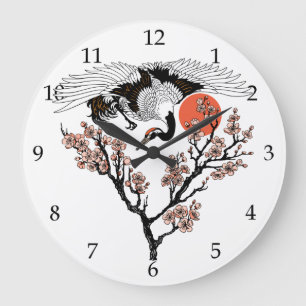 Japanese crane bird and blooming sakura large clock