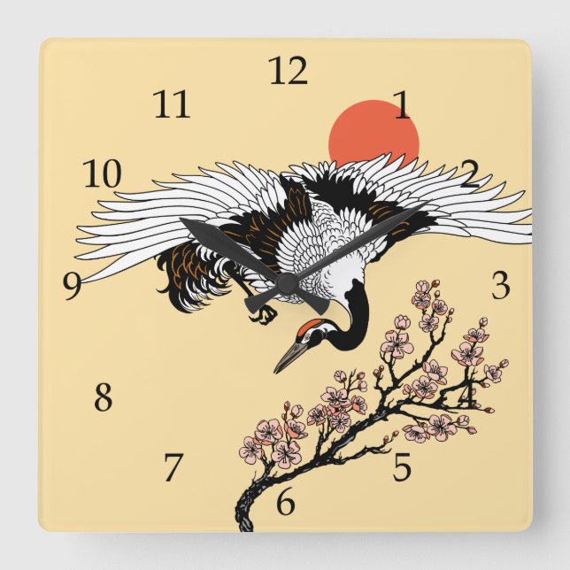 Japanese crane bird and blooming sakura square wall clock (Front)