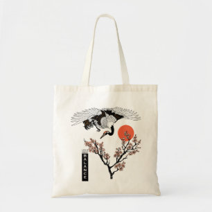 Japanese crane bird and blooming sakura tote bag
