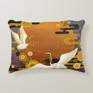 Japanese crane bird colourful sky illustration pat decorative cushion
