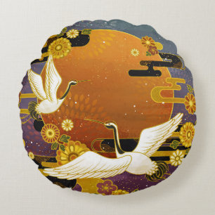 Japanese crane bird colourful sky illustration pat round cushion