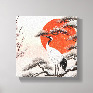 Japanese Crane in Snow with Red Sun – Lucky Wall A Canvas Print