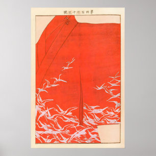 Japanese Crane Kimono Art Print Vermilion Red Wall