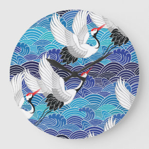 Japanese Crane: Ornate Bird Pattern. Large Clock