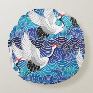 Japanese Crane: Ornate Bird Pattern. Round Cushion