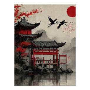 Japanese Crane Pagoda Red Sun Poster Zen Oriental