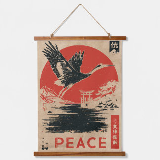 Japanese Crane Peace Art | Wabi Sabi Red Sun Hanging Tapestry