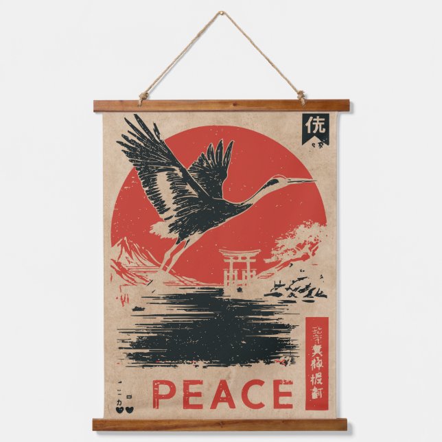 Japanese Crane Peace Art | Wabi Sabi Red Sun Hanging Tapestry (Front)