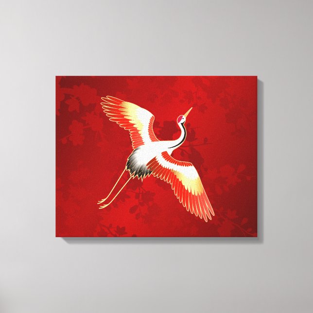 Japanese Crane Red Cherry Blossom Canvas Print (Front)