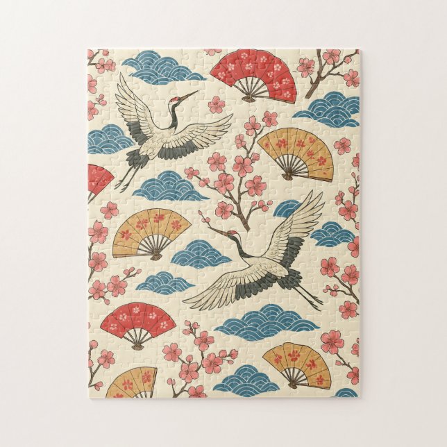 Japanese Crane Sakura Pattern Jigsaw Puzzle  (Vertical)