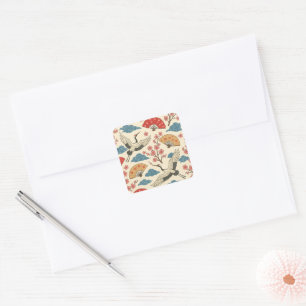 Japanese Crane Sakura Pattern Square Sticker 