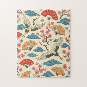 Japanese Crane Sakura Pattern Traditional Japanese Jigsaw Puzzle