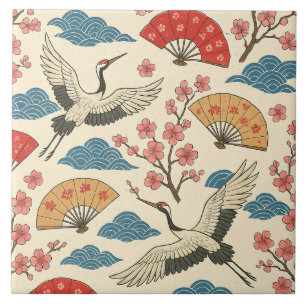 Japanese Crane Sakura Pattern Traditional Japanese Tile