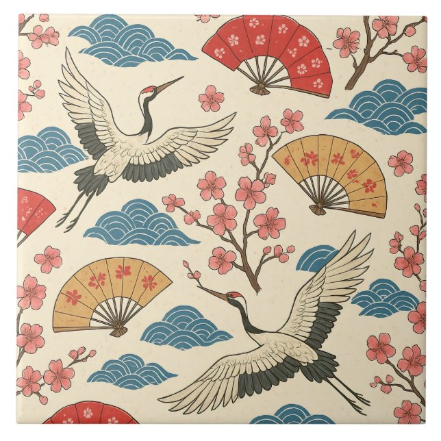 Japanese Crane Sakura Pattern Traditional Japanese Tile (Front)