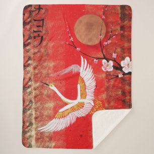 Japanese crane sun Japan sakura red Blanket