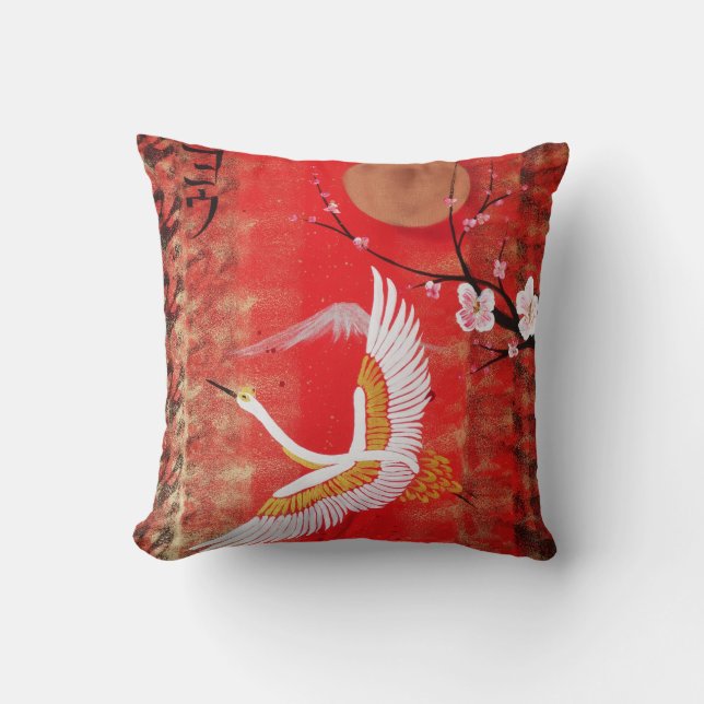 Japanese crane sun Japan sakura red painting cherr Cushion (Front)