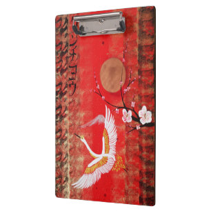 Japanese crane sun Japan sakura red painting Clipboard