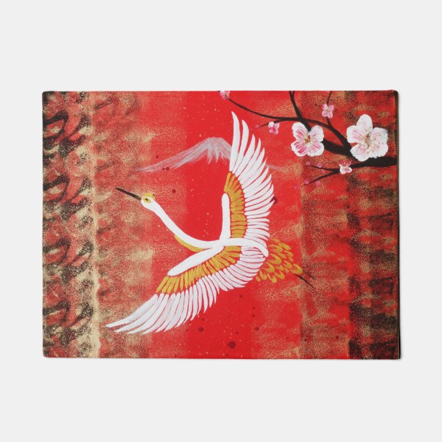 Japanese crane sun Japan sakura red painting Doormat (Front)