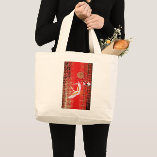 Japanese crane sun Japan sakura red painting Large Tote Bag