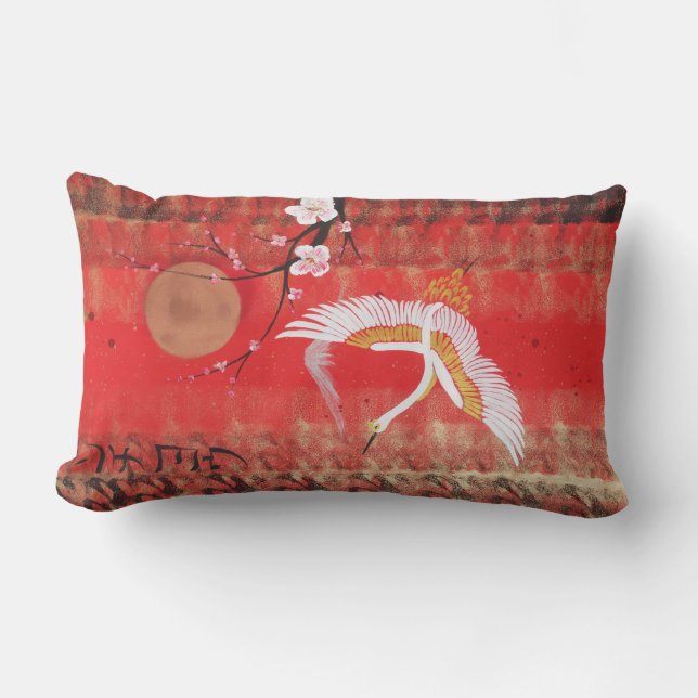Japanese crane sun Japan sakura red painting Lumbar Cushion (Front)