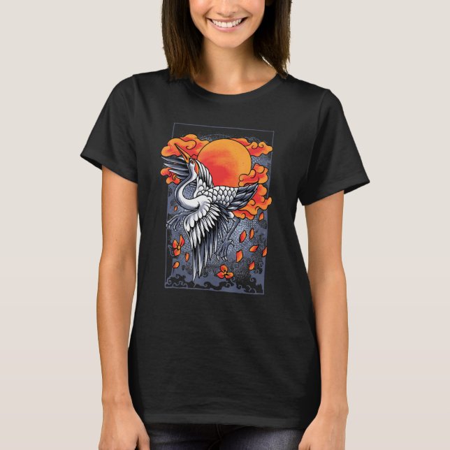 Japanese Crane Tsuru With Cherry Blossoms T-Shirt (Front)