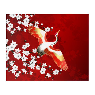 Japanese Crane White Cherry Blossom Red Acrylic Print