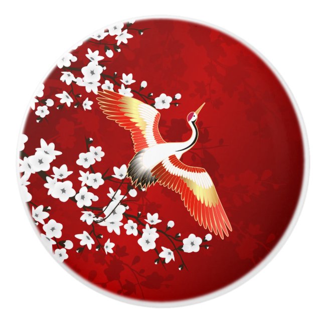 Japanese Crane White Cherry Blossom Red Ceramic Knob (Front)