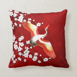 Japanese Crane White Cherry Blossom Red Cushion