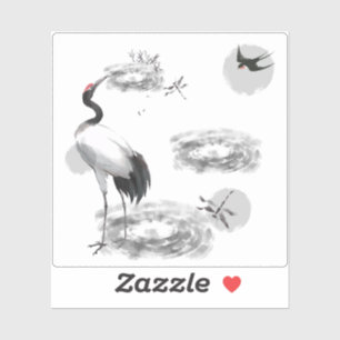 Japanese Crane & Zen Pond - Sumi-e Ink Art