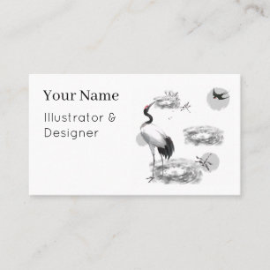 Japanese Crane & Zen Pond - Sumi-e Ink Art Business Card