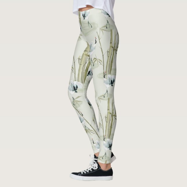 Japanese Cranes and Bamboo Watercolor Pattern Leggings (Left)