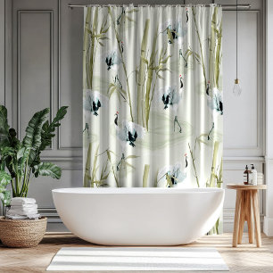 Japanese Cranes and Bamboo Watercolor Pattern Shower Curtain