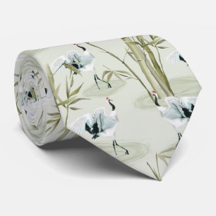 Japanese Cranes and Bamboo Watercolor Pattern Tie