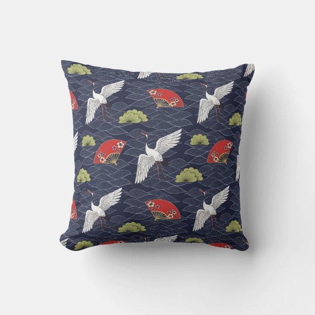 Japanese Cranes and Fans: Vintage Pattern Cushion (Front)