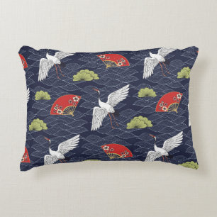 Japanese Cranes and Fans: Vintage Pattern Decorative Cushion