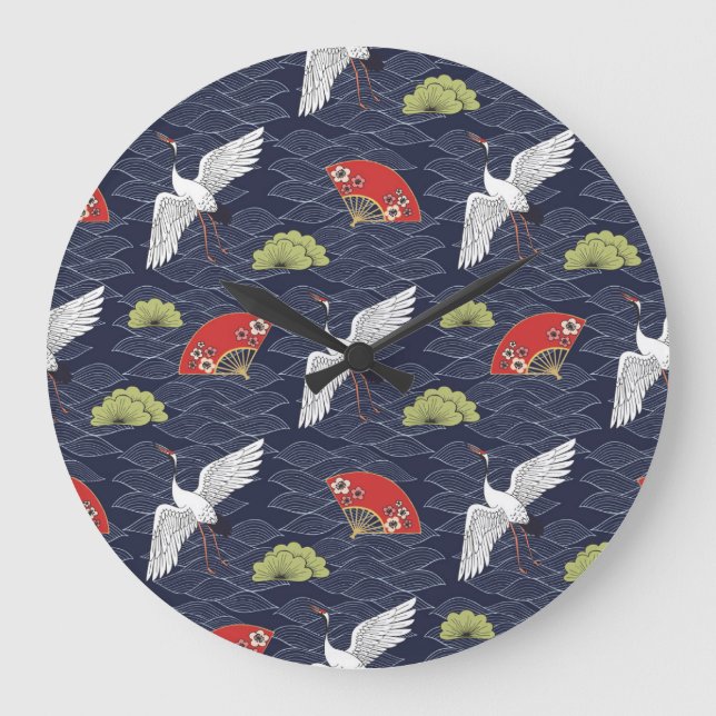 Japanese Cranes and Fans: Vintage Pattern Large Clock (Front)