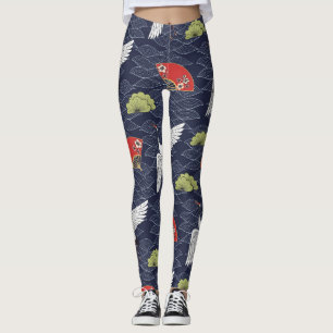 Japanese Cranes and Fans: Vintage Pattern Leggings